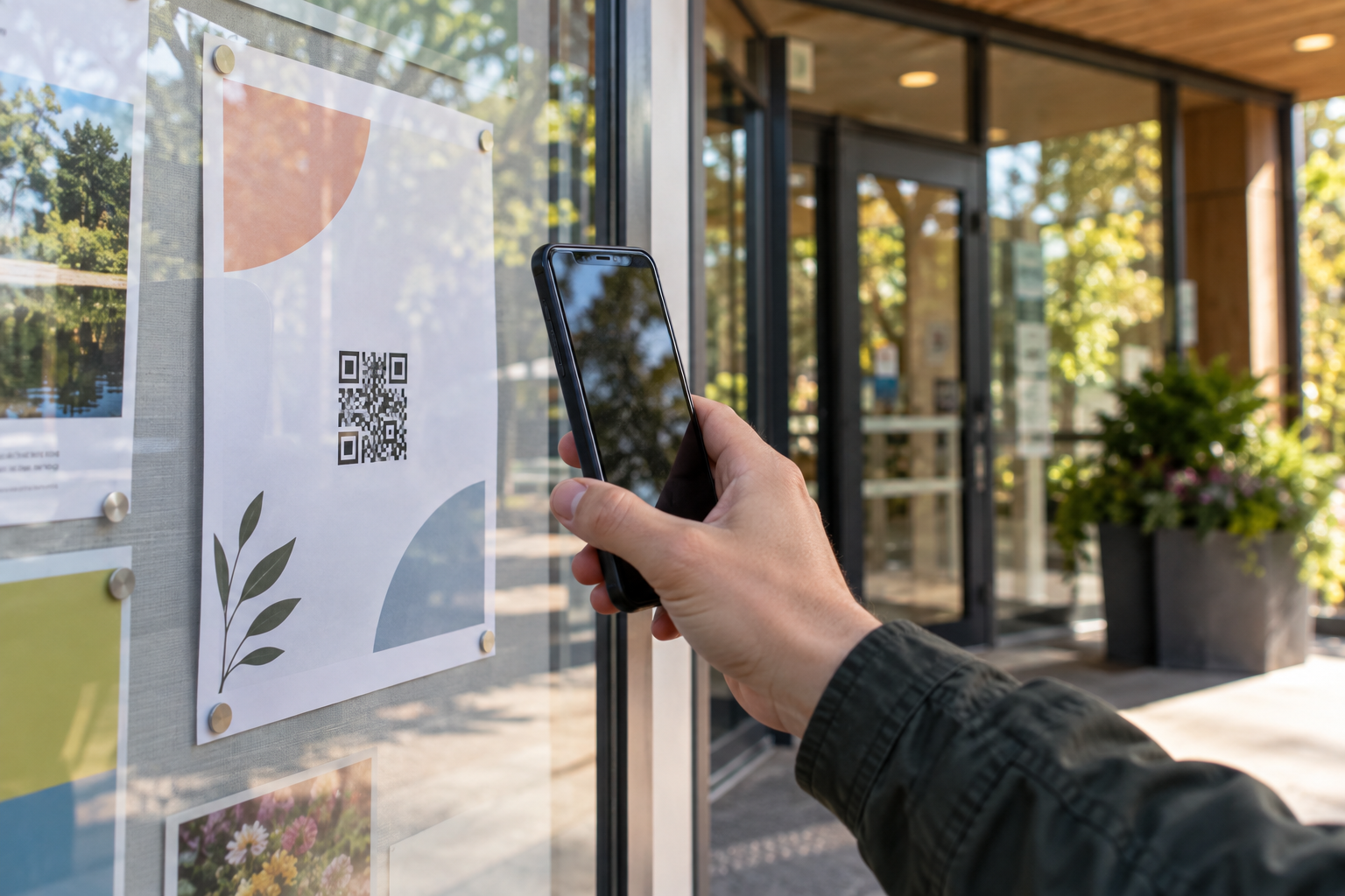 Smartphone vor einem QR-Flyer an der Glastür eines Veranstaltungsorts