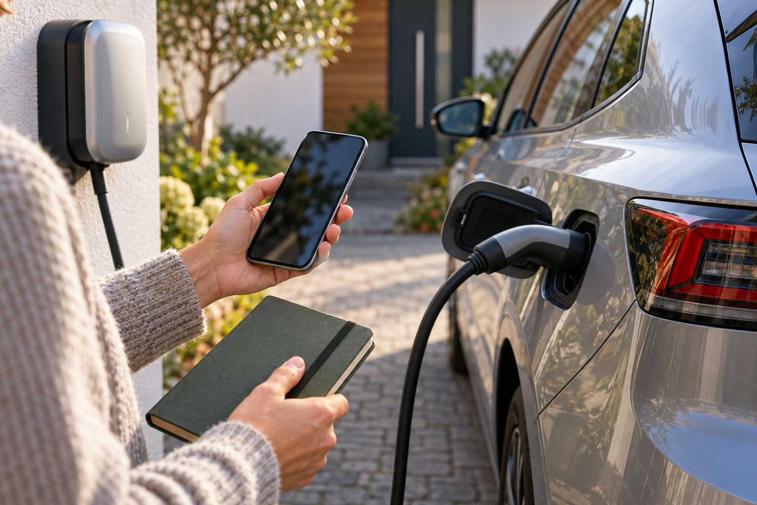 E-Auto an einer privaten Ladestation mit Budgetnotizbuch