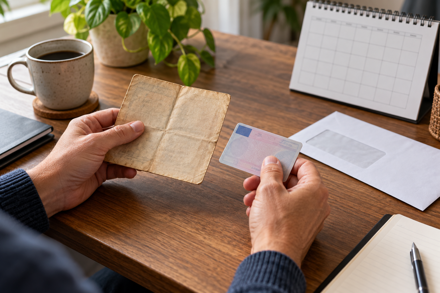 Altes Papierdokument und Kartenführerschein neben einem Kalender