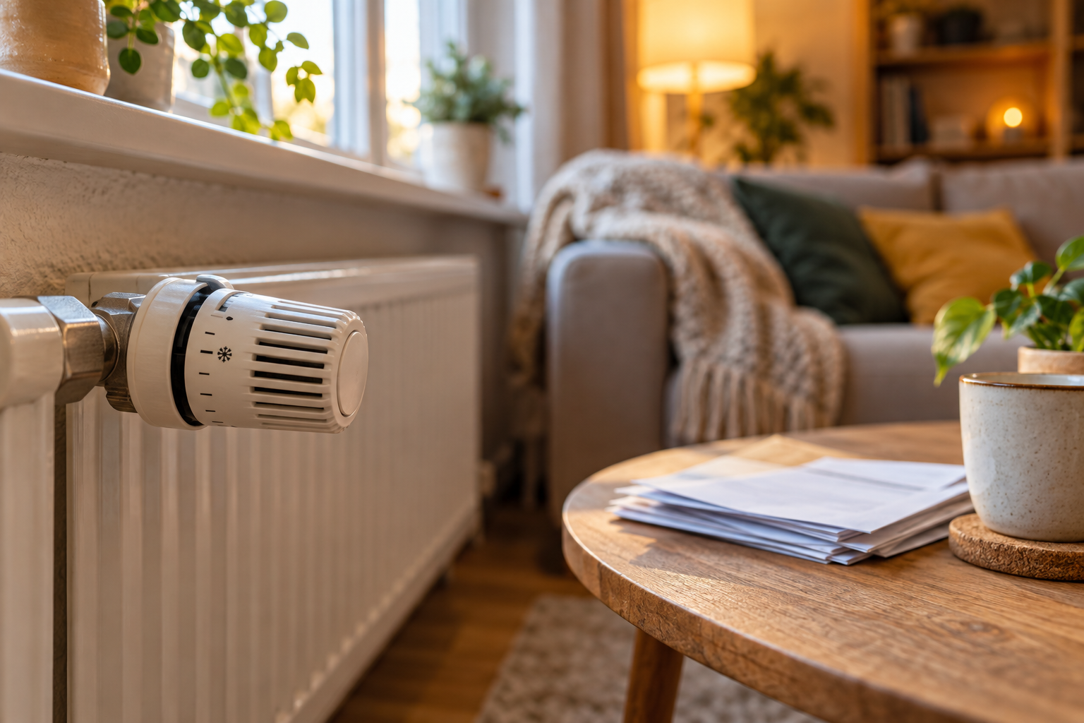 Heizkörperthermostat neben Unterlagen zu Wohnungskosten